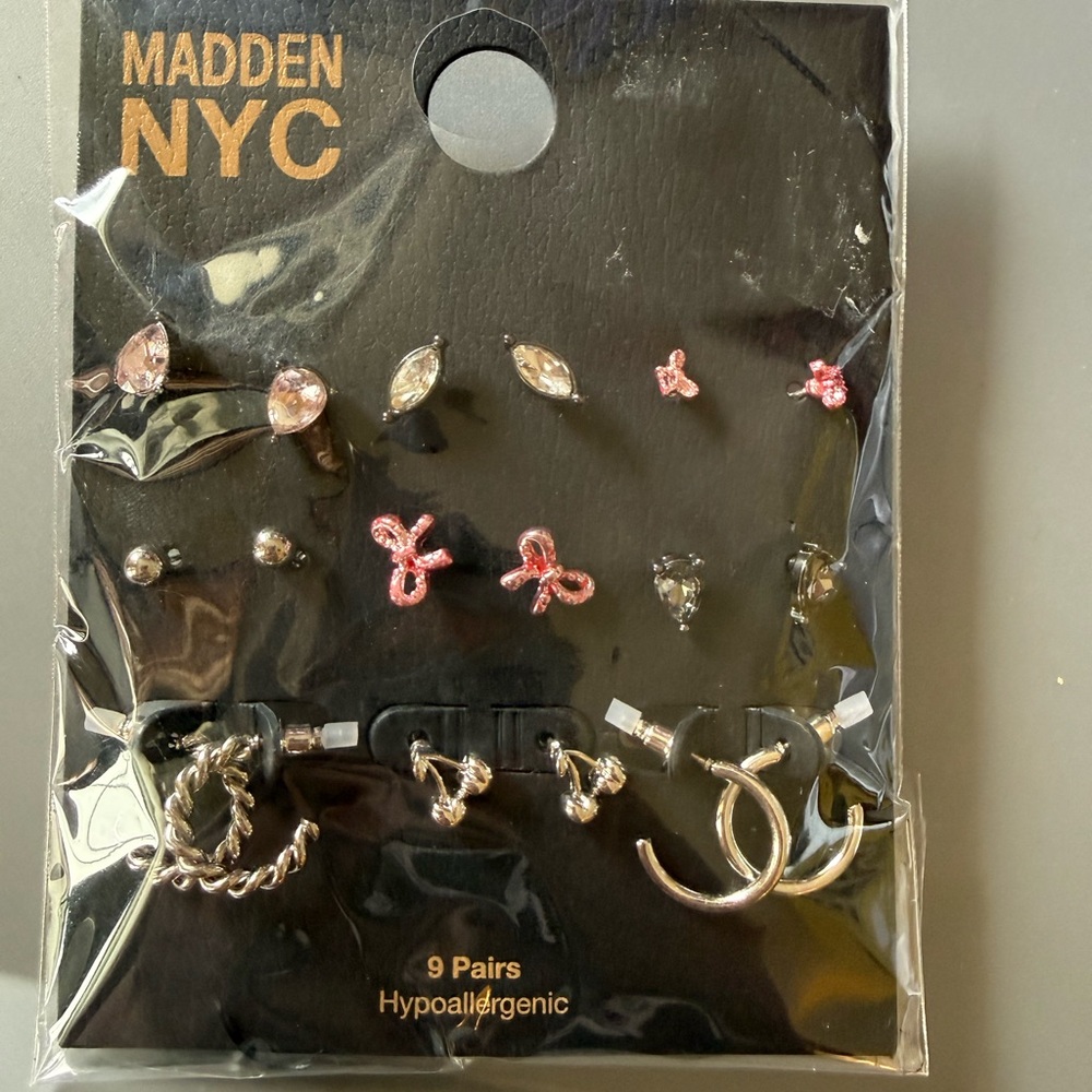 Madden NYC Women’s 9-Pair Earring Set — Pink & Silver Mixed Styles